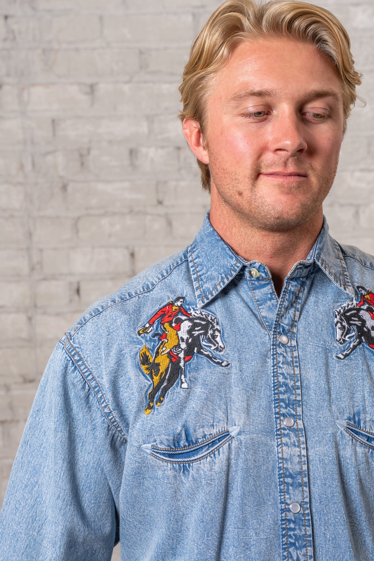 Men's Rockmount Vintage Denim Bronc Embroidered Western Shirt by Rockmount Ranch Wear, western snap shirt
