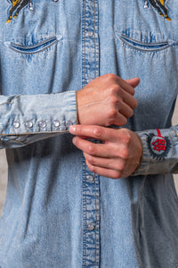 Men's Rockmount Vintage Denim Bronc Embroidered Western Shirt by Rockmount Ranch Wear with snap button shirt