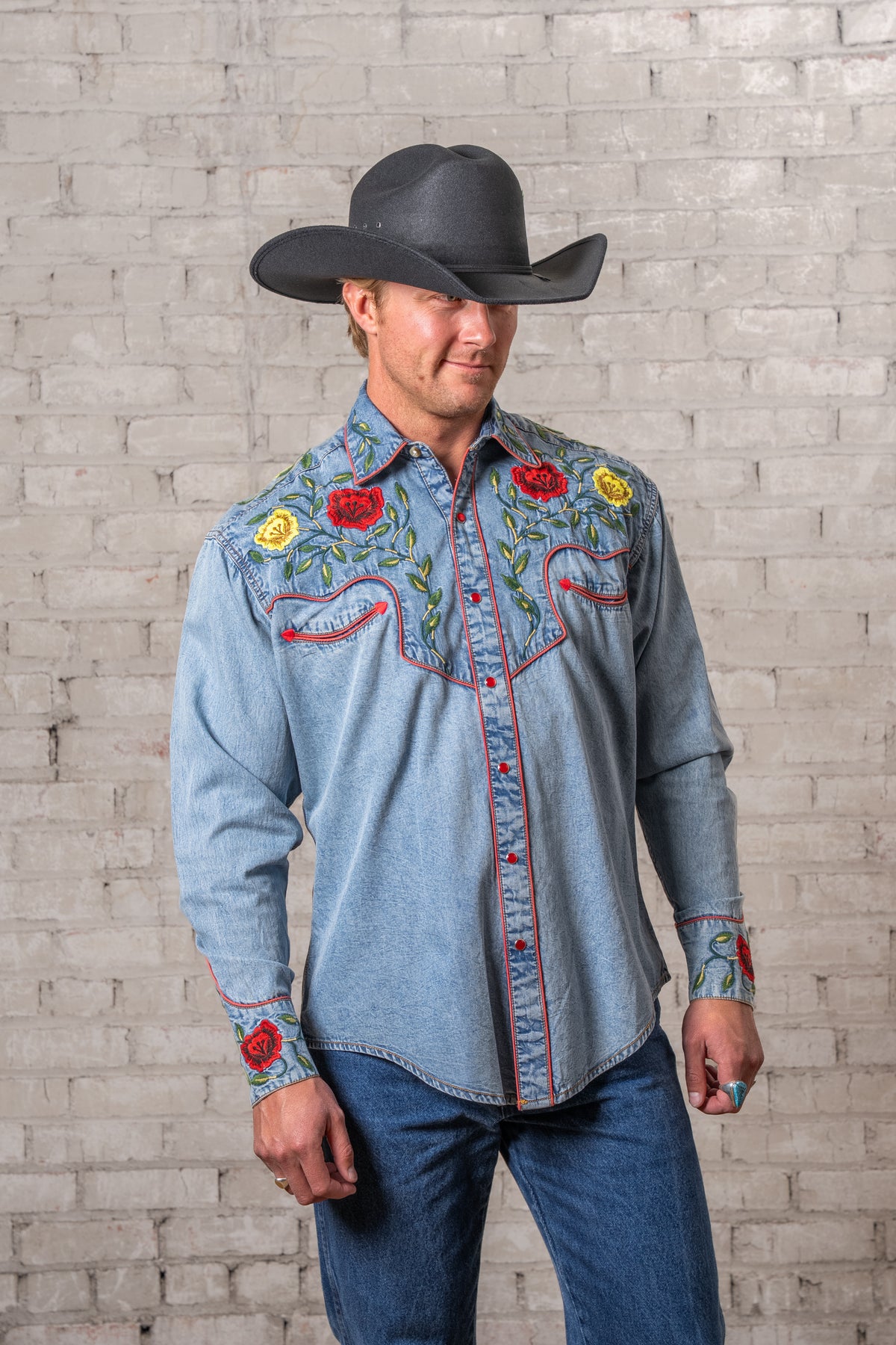 Men's Vintage Denim Floral Embroidered Western Shirt by Rockmount Ranch Wear, vintage western shirt with floral embroidery