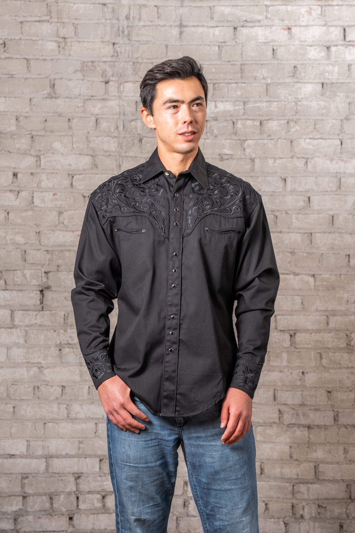 Men's Vintage Black-on-Black Tooling Embroidered Western Shirt by Rockmount Ranch Wear, black cotton gabardine twill