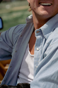Men's Stonewashed Denim Sawtooth Western Shirt in sky blue by Rockmount Ranch Wear with diamond snap closures