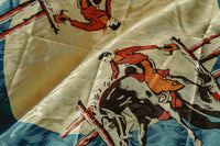Vintage Rockmount Ranch Wear Bronc Silk Scarf in blue with western jacquard silk pattern, 36 inch square