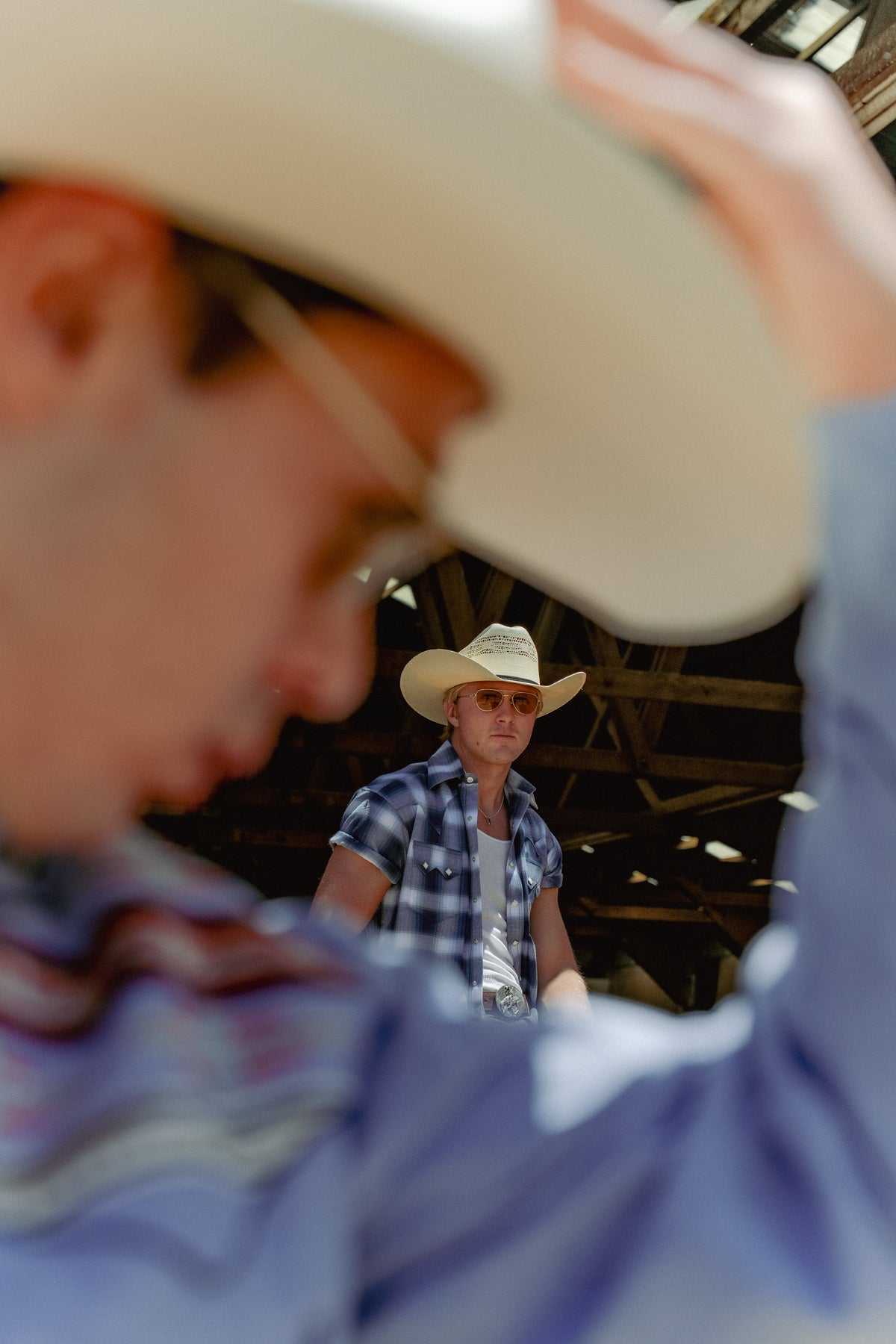 Men's Blue and White Shadow Plaid Short Sleeve Western Shirt by Rockmount Ranch Wear with sawtooth pocket