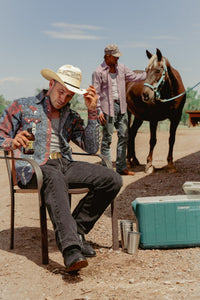 Men's Premium Flannel Jacquard Western Shirt by Rockmount Ranch Wear in black with sawtooth pocket design
