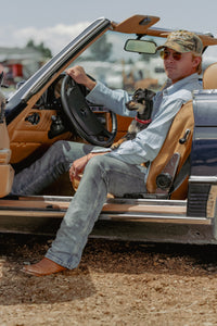Men's Stonewashed Denim Sawtooth Western Shirt in Sky Blue by Rockmount Ranch Wear with sawtooth pocket design