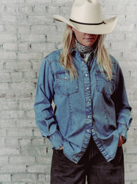 Women's Stonewashed Denim Classic Western Shirt by Rockmount Ranch Wear with round pearl snaps