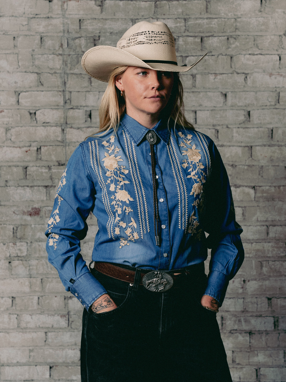 Women's Denim Boho Floral Embroidered Western Shirt by Rockmount Ranch Wear in blue denim with embroidered floral front