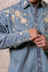Men's Vintage Denim Floral Embroidered Western Shirt by Rockmount Ranch Wear with fringe and snap button cuffs
