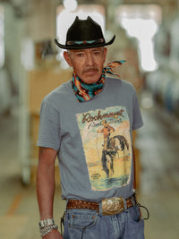 Men's Denim Vintage Bronc Western T-Shirt by Rockmount Ranch Wear in vintage denim with printed cowboy graphic