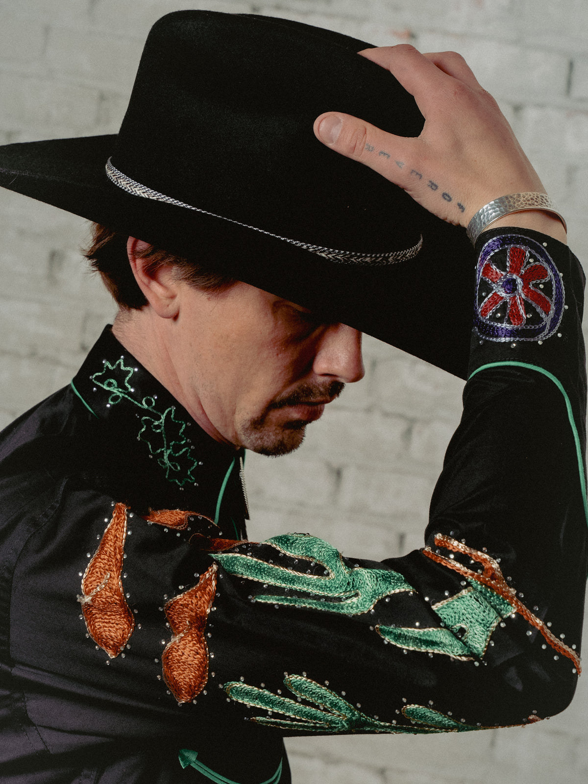 Men's Porter Wagoner Black Embroidered Western Shirt by Rockmount Ranch Wear with rhinestones and hand chenille embroidery