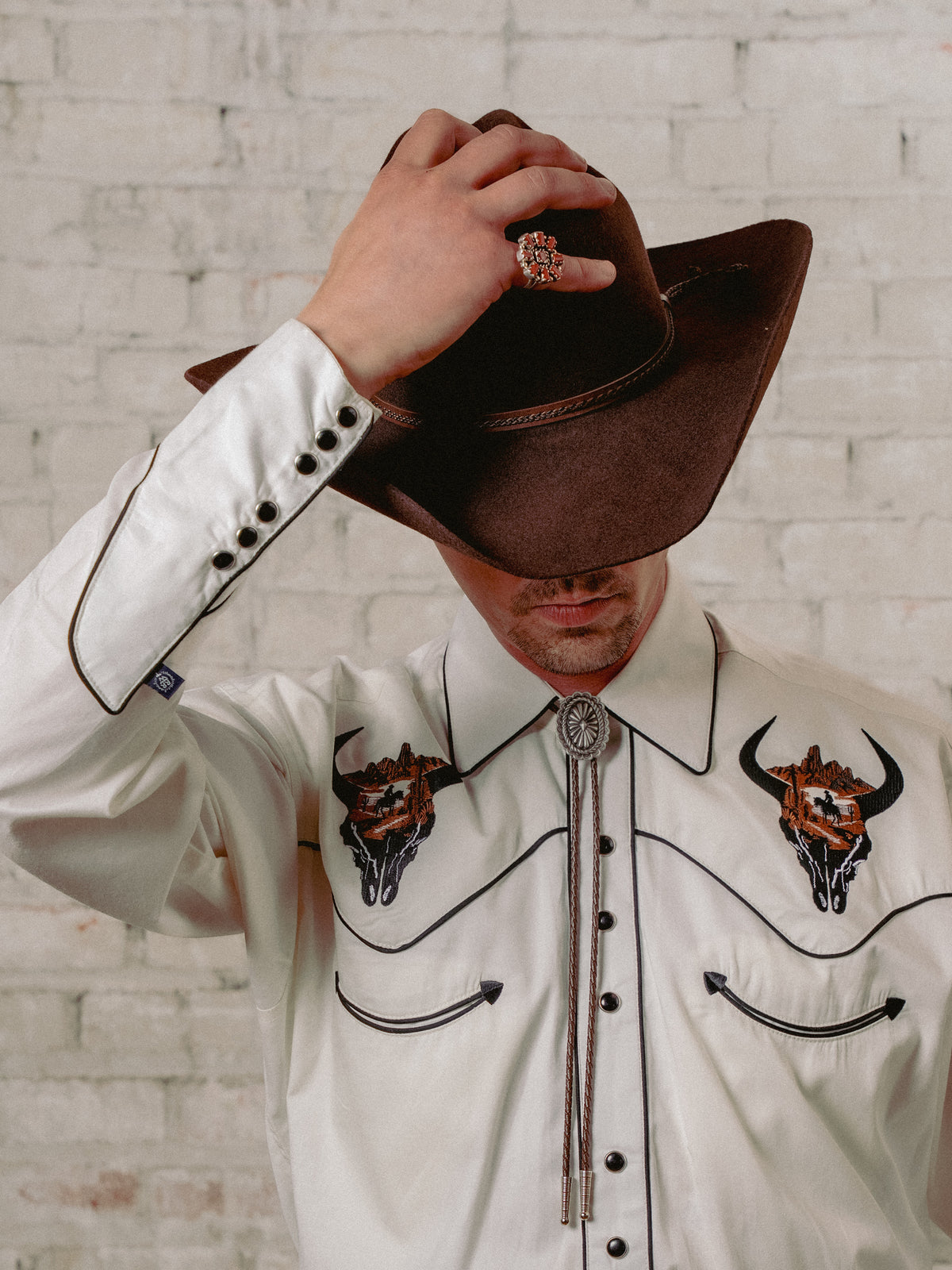 Men's Ivory Bison Skull Rider Embroidered Western Shirt by Rockmount Ranch Wear, vintage floral embroidery
