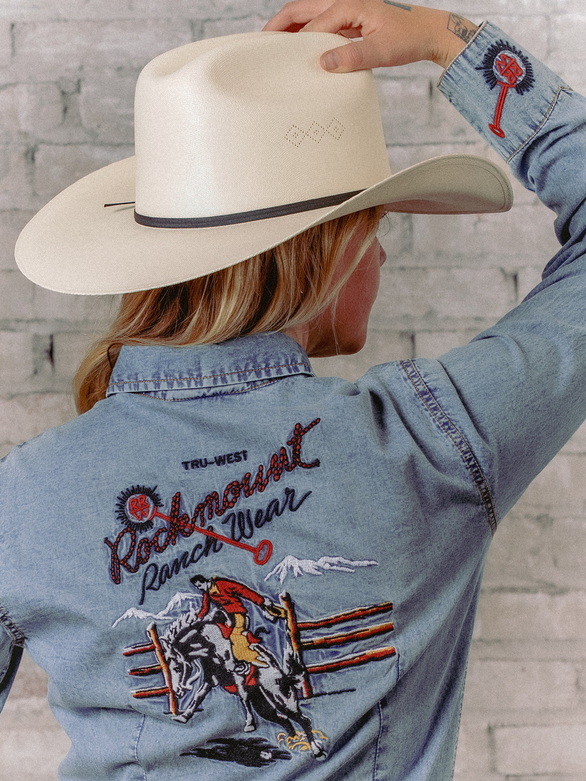 Women's Rockmount Bronc vintage embroidered western shirt in denim with heavily embroidered front and 5 snaps