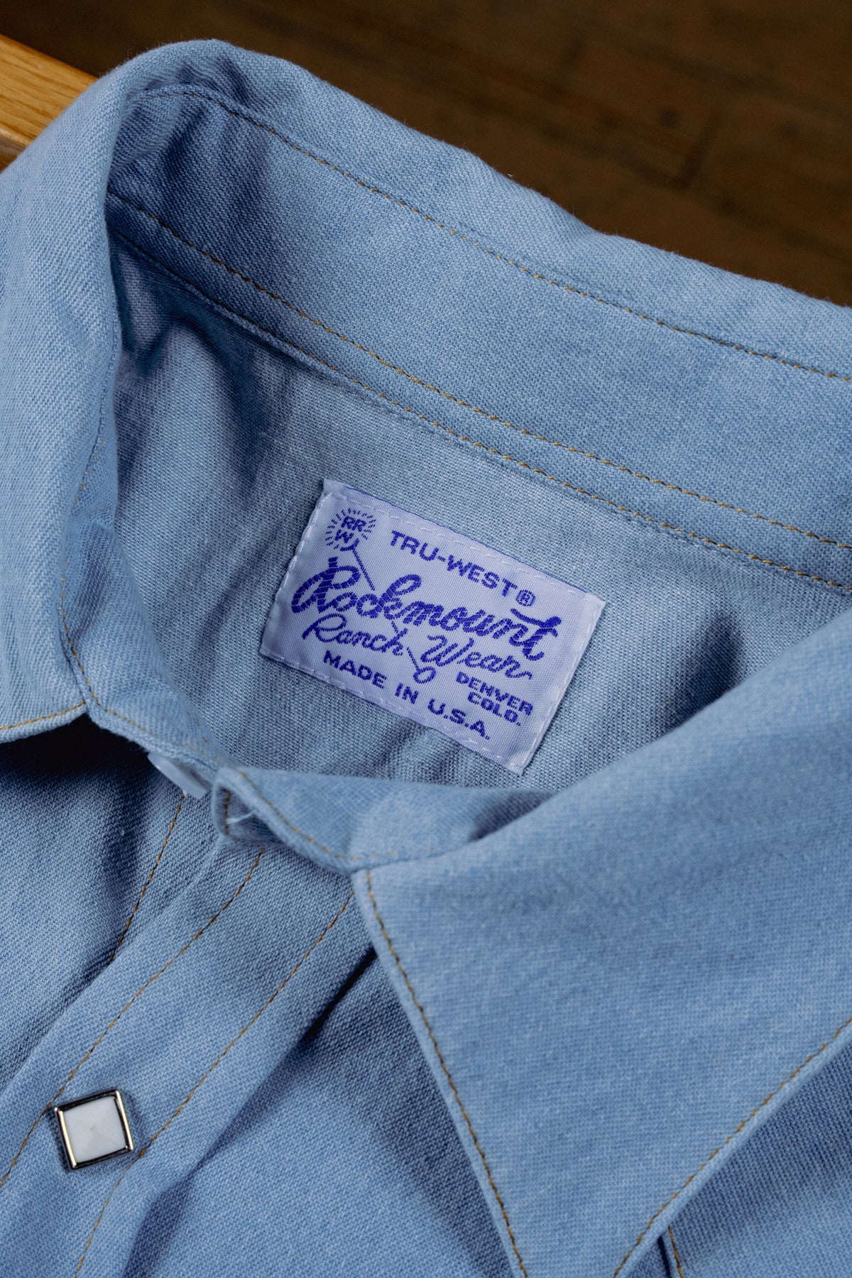 Men's Stonewashed Denim Sawtooth Western Shirt in Sky Blue by Rockmount Ranch Wear with sawtooth pocket design