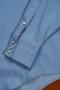 Women27s Stonewashed Sky Blue Sawtooth Denim Western Shirt by Rockmount Ranch Wear with sawtooth pockets and diamond snap design