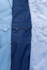Men's Tencel Denim Sawtooth Western Shirt by Rockmount Ranch Wear in denim with sawtooth pockets and diamond snaps
