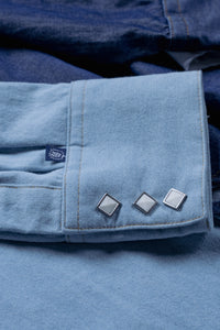 Men's Stonewashed Denim Sawtooth Western Shirt in Sky Blue by Rockmount Ranch Wear with sawtooth pocket design