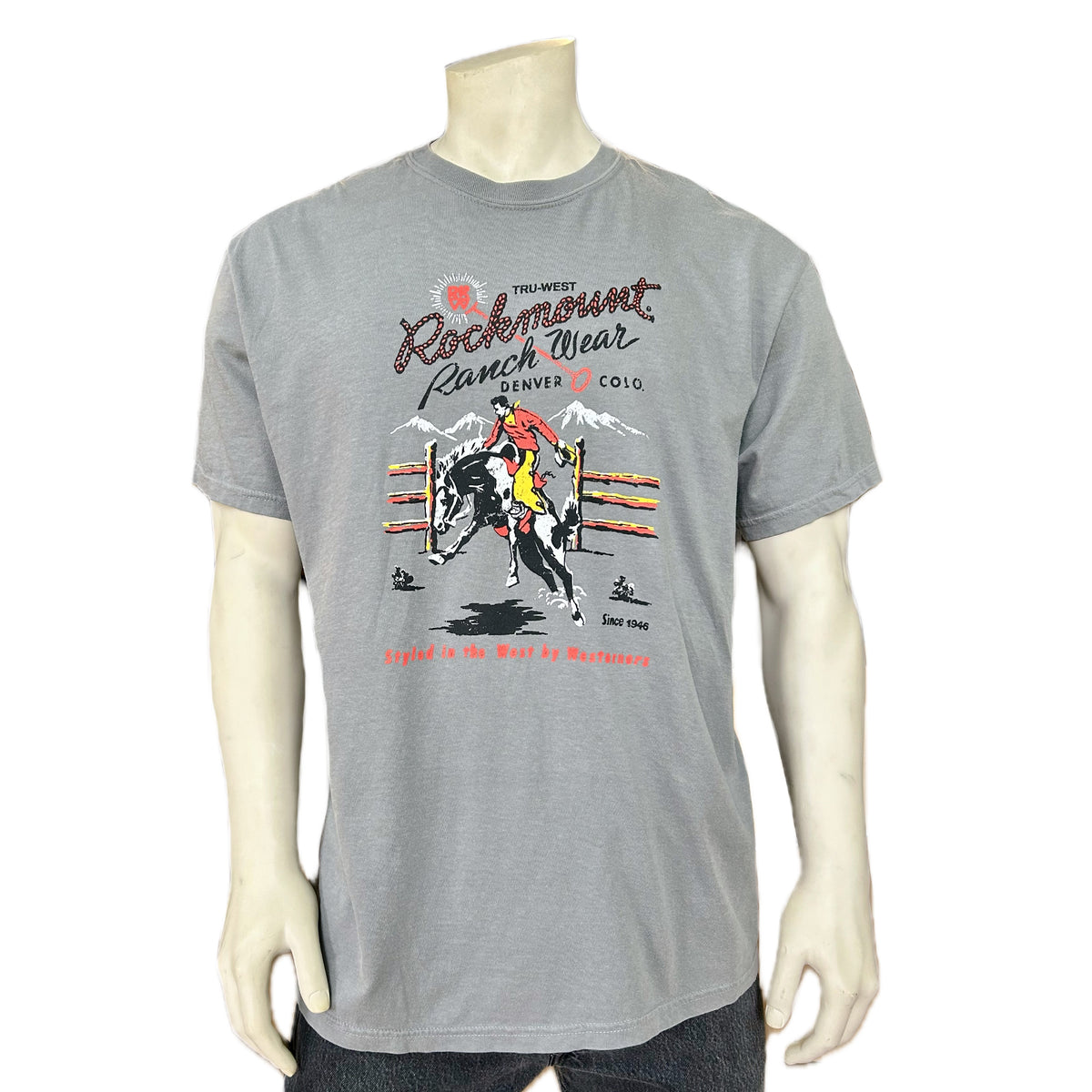 Men's Charcoal Rockmount Bronc 100 Cotton Western T-Shirt by Rockmount Ranch Wear with Bronc logo graphic