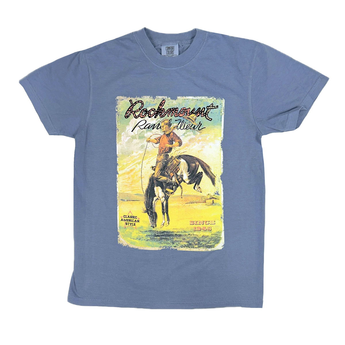 Men's Denim Vintage Bronc Western T-Shirt by Rockmount Ranch Wear, vintage western graphic on blue cotton