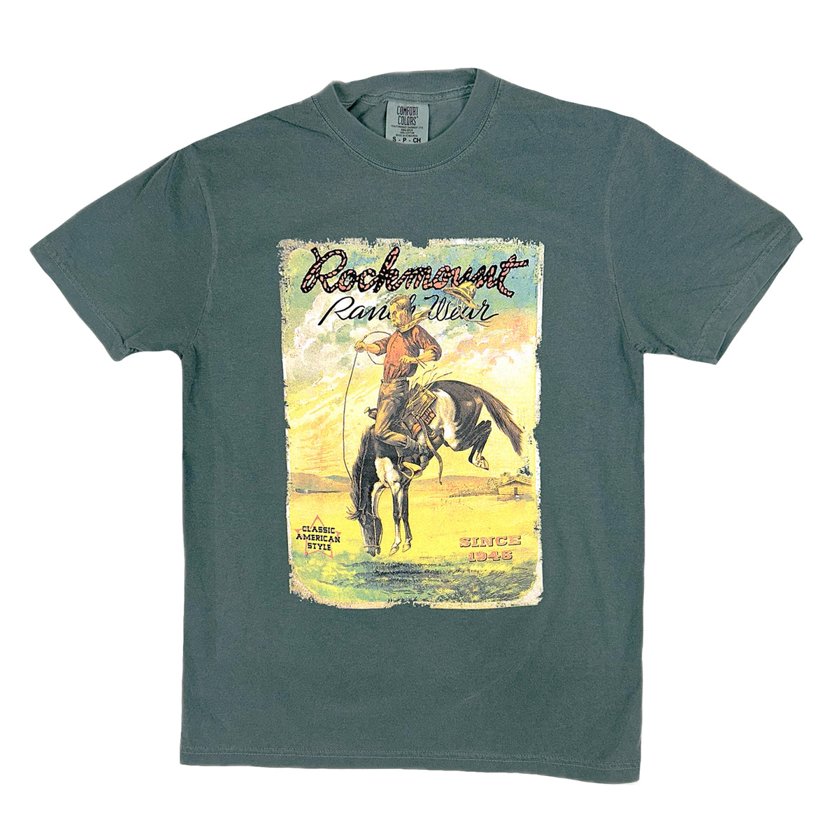 Men's Teal Vintage Bronc Western T-Shirt by Rockmount Ranch Wear, western graphic T-shirt in 100 percent cotton
