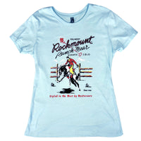 Women's Aqua Rockmount Bronc Western T-Shirt by Rockmount Ranch Wear with vintage printed cowboy graphic