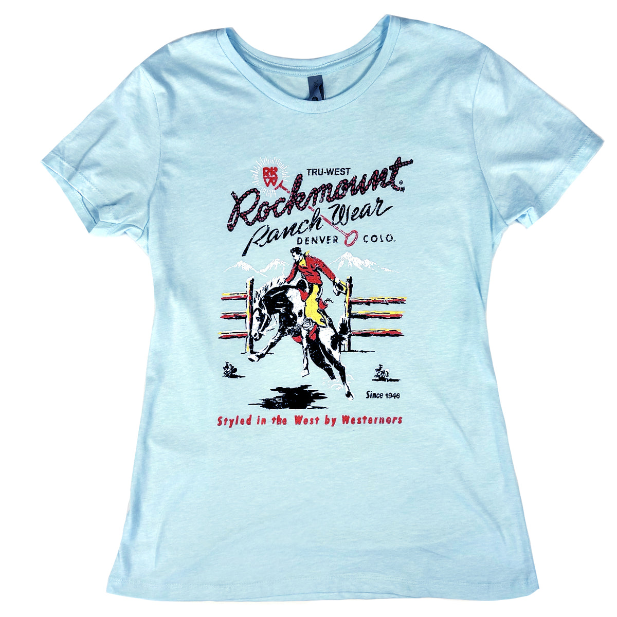 Women's Aqua Rockmount Bronc Western T-Shirt by Rockmount Ranch Wear with vintage printed cowboy graphic