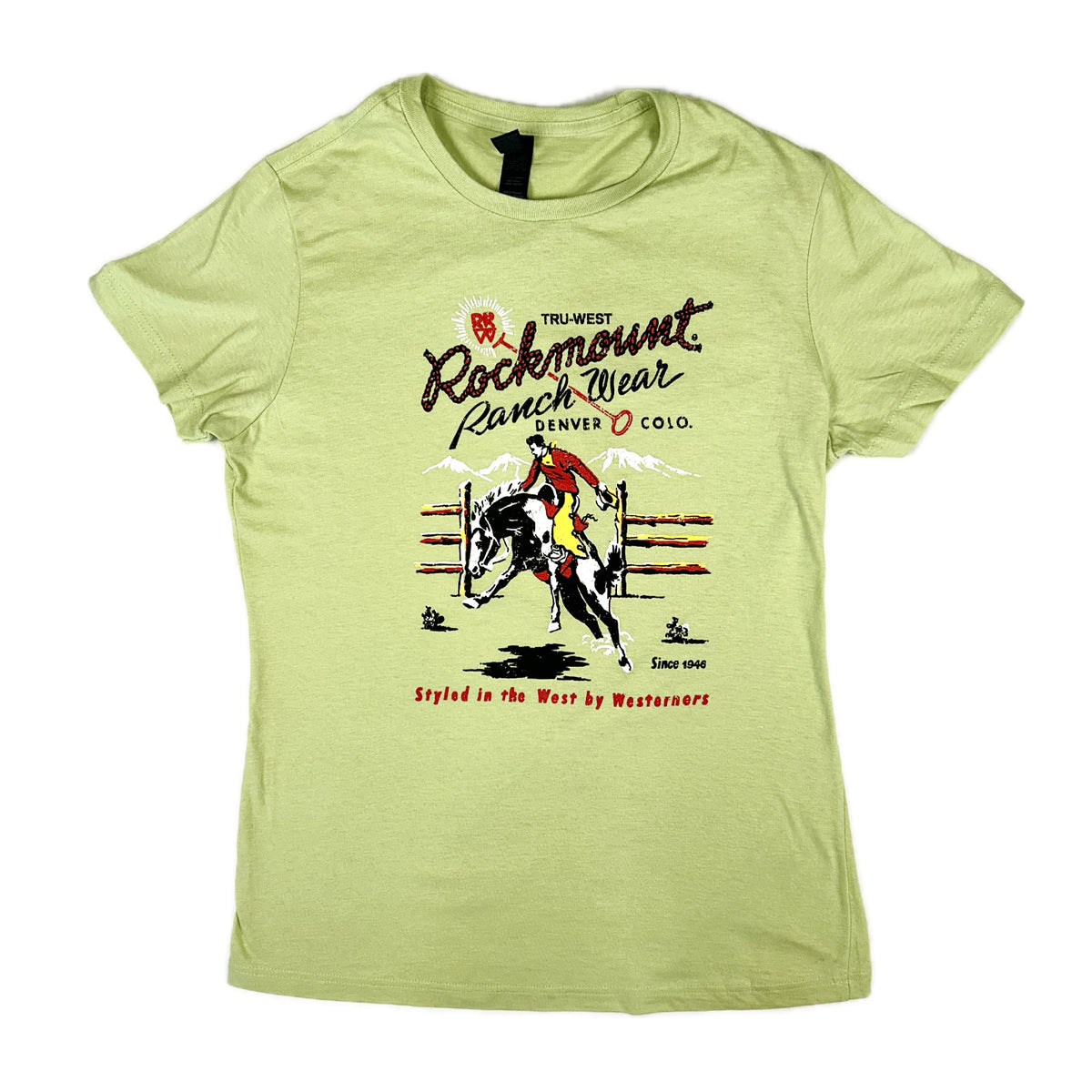 Women's Green Rockmount Bronc Western T-Shirt by Rockmount Ranch Wear in vintage green with western graphic