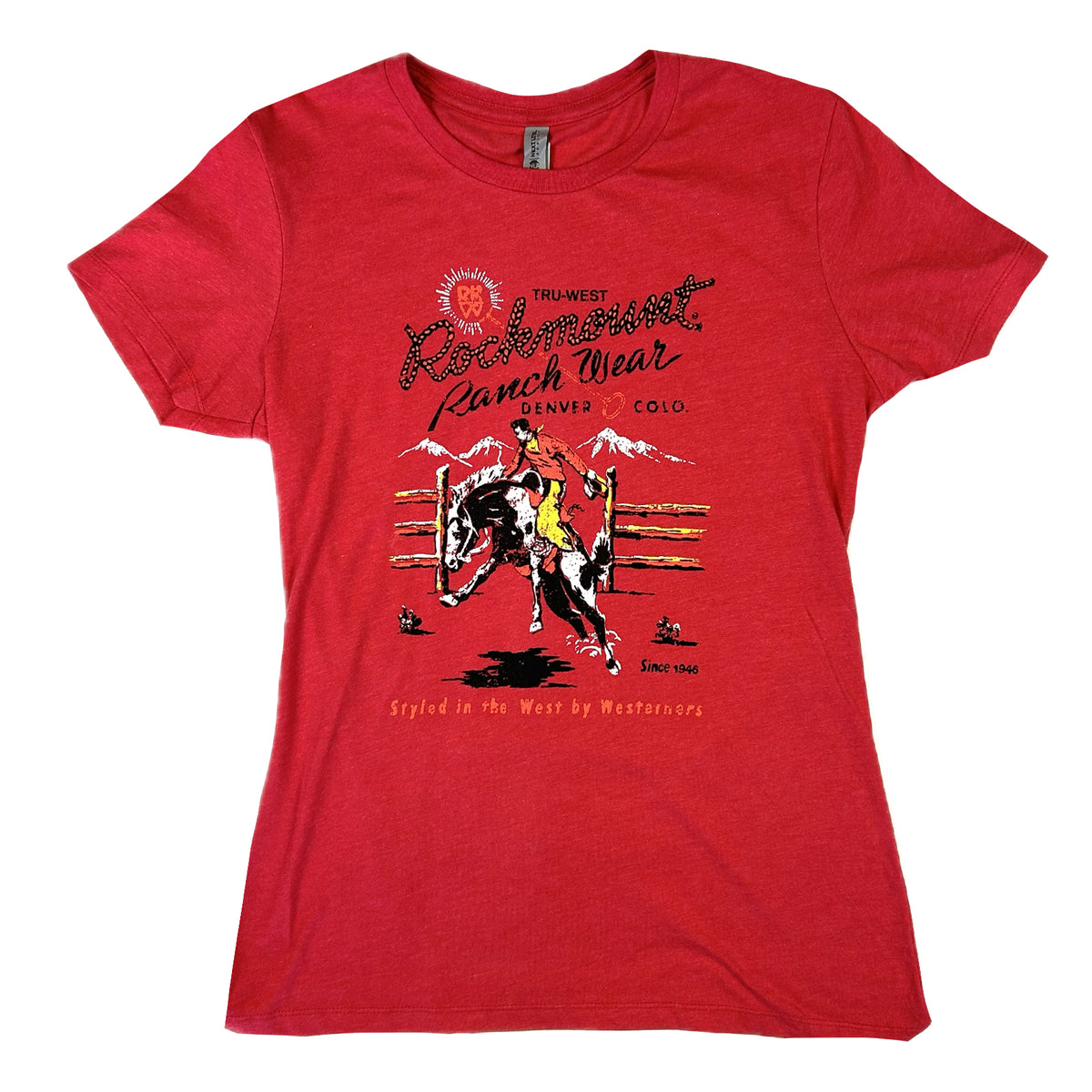 Women's Red Rockmount Bronc Western T Shirt by Rockmount Ranch Wear in vintage red with printed cowboy graphic