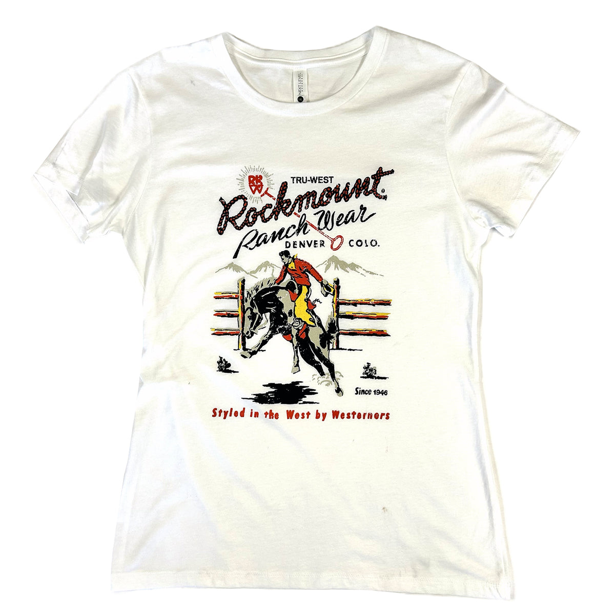 Women White Rockmount Bronc western T-shirt in vintage white with printed cowboy ranch wear graphic