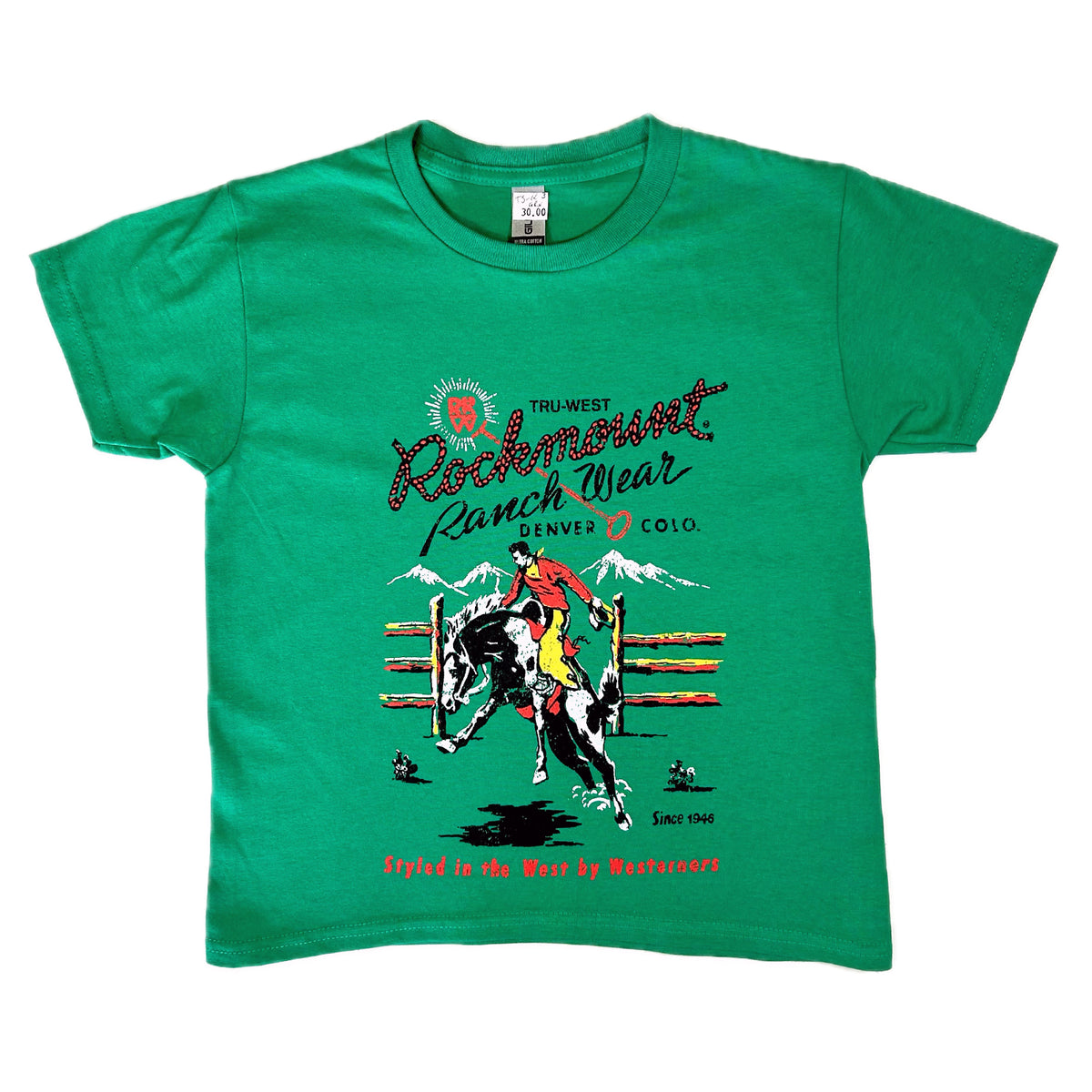 Kid's Rockmount Green Bronc 100 Cotton Western T-Shirt by Rockmount Ranch Wear with printed cowboy design