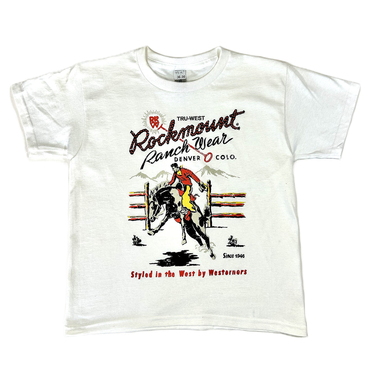 Kid's Rockmount White Bronc 100 Cotton Western T-Shirt by Rockmount Ranch Wear with printed cowboy graphic