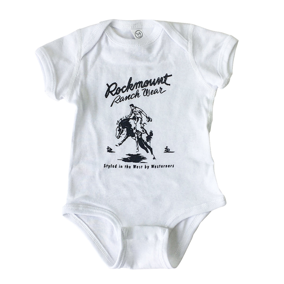 Baby Rockmount White Bronc 100 percent Cotton Western Onesie by Rockmount Ranch Wear with Bronc logo print