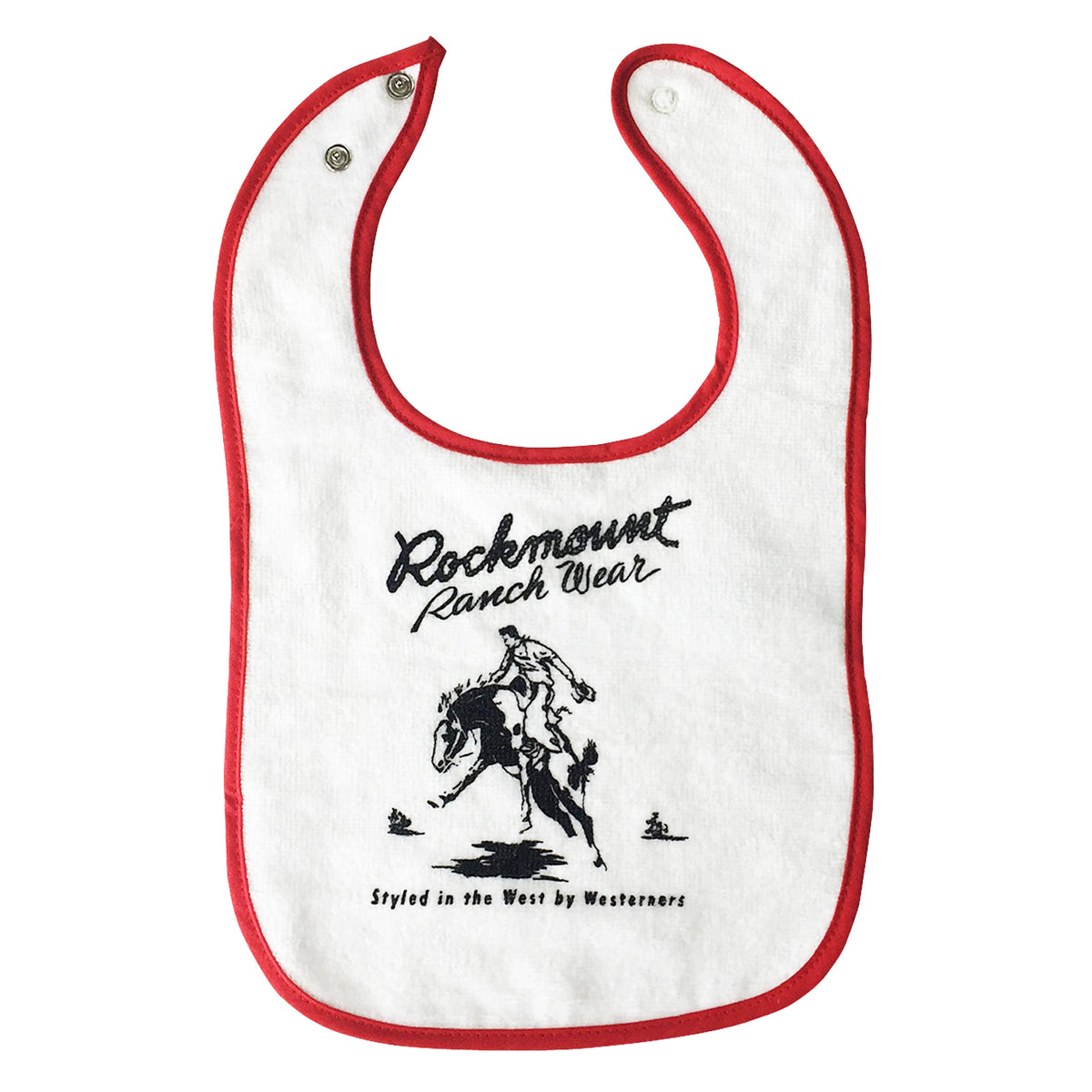 Baby Rockmount Bronc 100 percent Cotton Western Bib in red with Bronc logo graphic feature