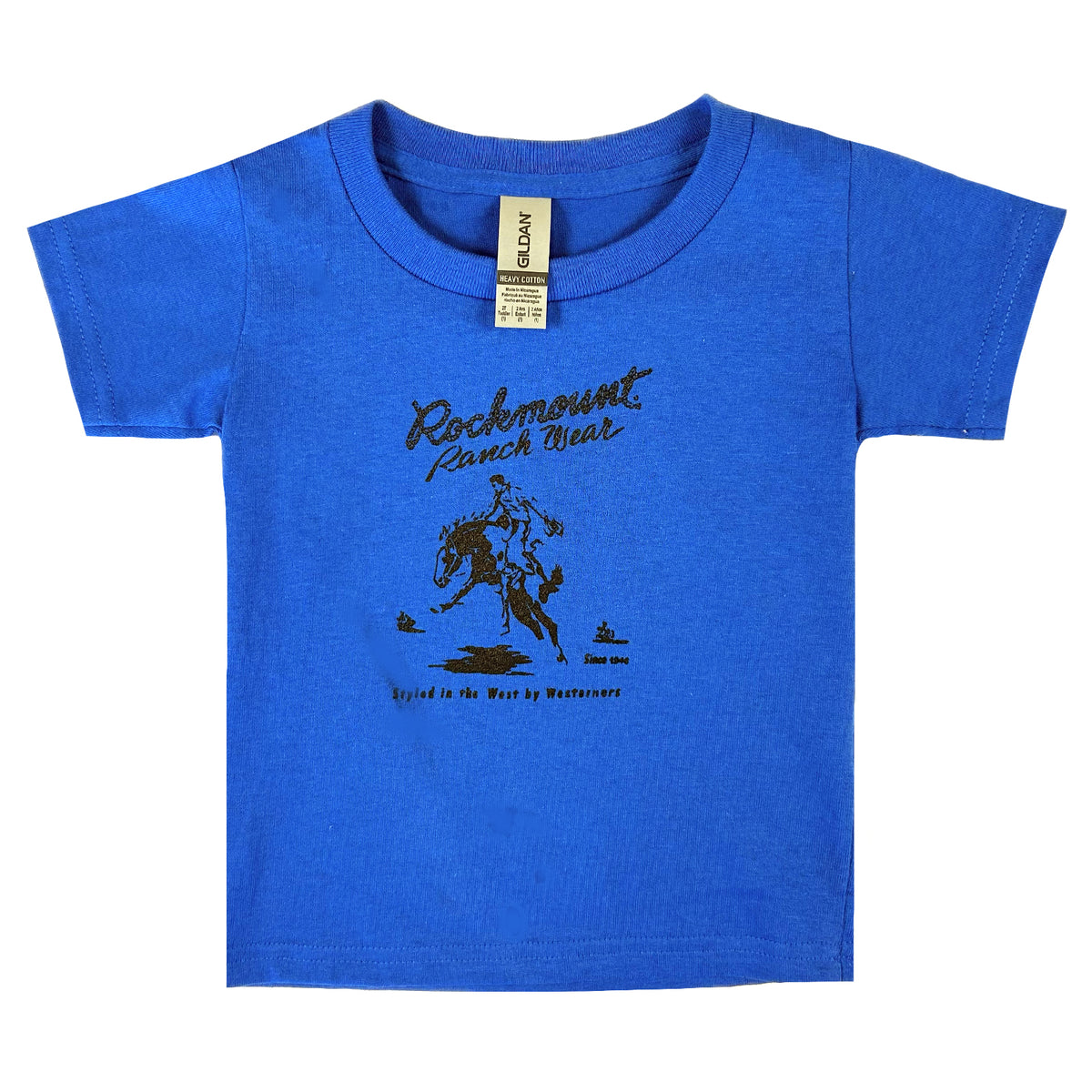 Toddler Blue Rockmount Bronc 100 Cotton Western T-Shirt by Rockmount Ranch Wear with printed cowboy graphic