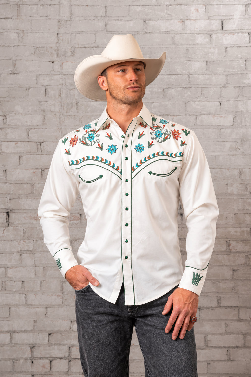 Men's Ivory Agave Cactus Floral Embroidered Western Shirt by Rockmount Ranch Wear with embroidered floral details