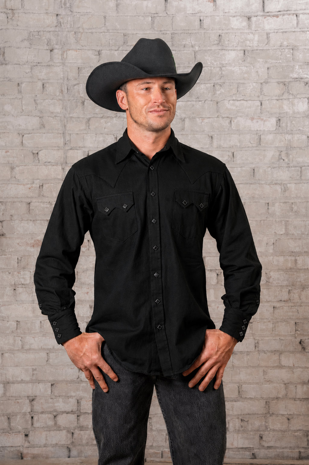 Men's Classic Pima Cotton Solid Black Western Shirt by Rockmount Ranch Wear with diamond snap front
