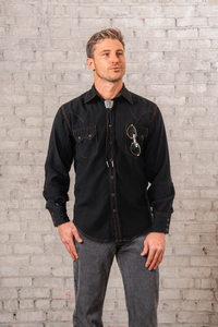 Men's Black Rayon Western Shirt by Rockmount Ranch Wear with sawtooth pocket and diamond snap design