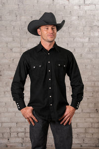 Men's Slim Fit Black Cotton Blend Western Shirt by Rockmount Ranch Wear with diamond snap front closure
