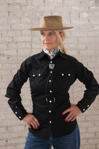 Women's Solid Black Cotton Blend Western Shirt Rockmount Ranch Wear with sawtooth pocket and diamond snaps