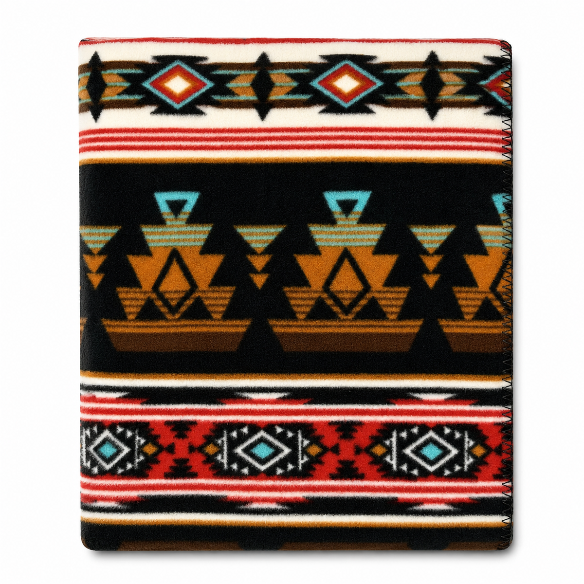 Native Pattern Fleece Western Blanket by Rockmount Ranch Wear in rust and black with blanket stitch hem