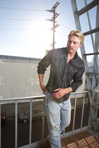 Men's Black Stonewashed Denim Blanket Stitch Western Shirt by Rockmount Ranch Wear with contrasting embroidered trim
