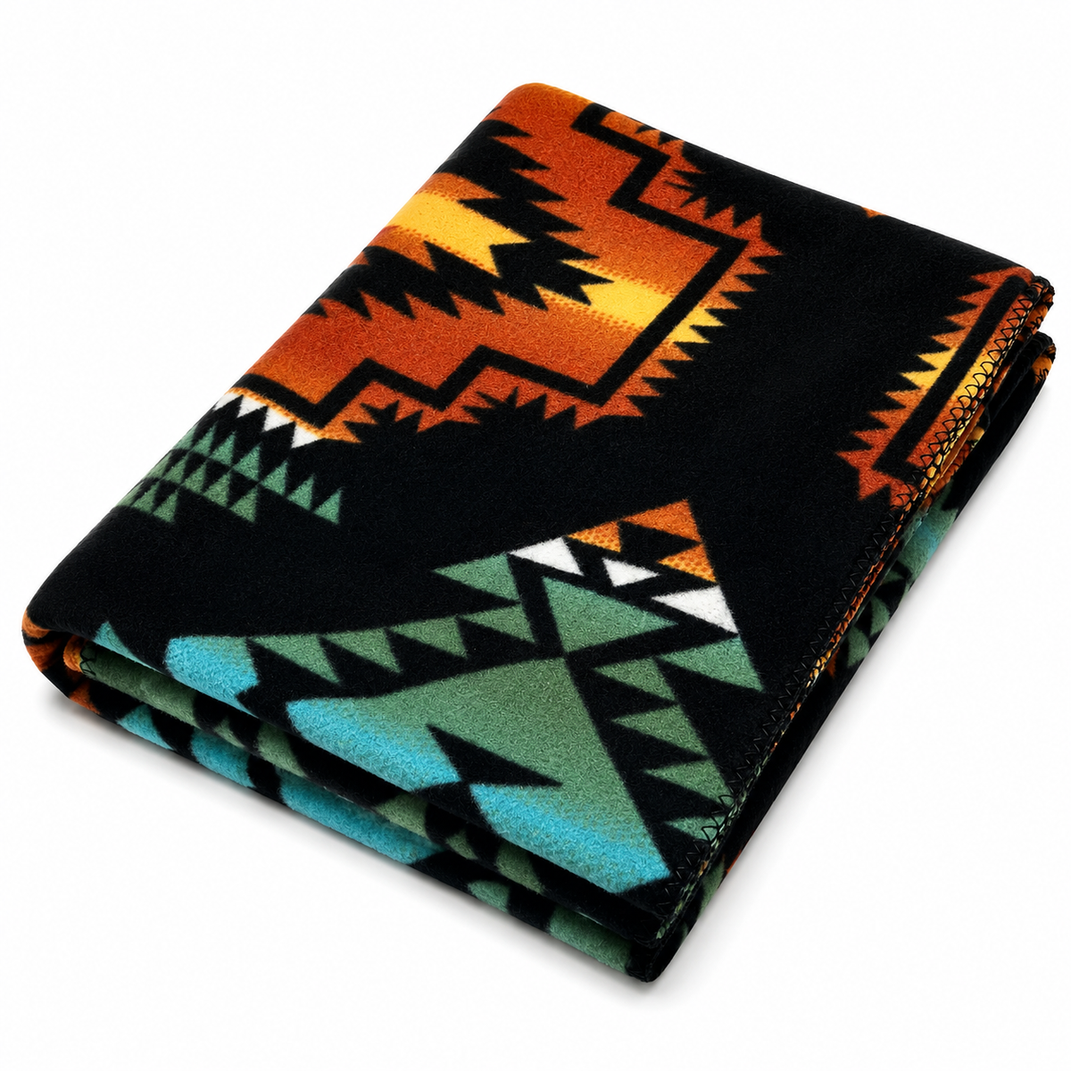 Native Pattern Fleece Western Blanket by Rockmount Ranch Wear in black with vintage geometric print and blanket stitch hem
