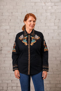 Women's Vintage Cactus Cowgirl Boots Embroidered Western Shirt by Rockmount Ranch Wear, black vintage western shirt