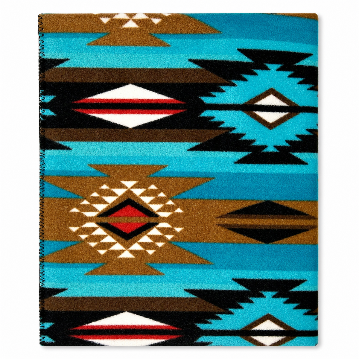 Native Pattern Fleece Western Blanket Rockmount Ranch Wear turquoise and brown with blanket stitch hem