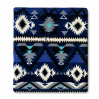 Native Pattern Fleece Western Blanket by Rockmount Ranch Wear in blue and black with fleece fringe hem