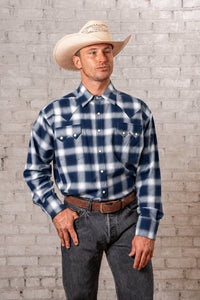Men's Blue and White Shadow Plaid Western Shirt by Rockmount Ranch Wear in denim yarn dyed plaid