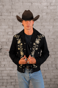Men's Vintage Western Bolero Jacket with Ivory Floral Embroidery by Rockmount Ranch Wear, genuine chenille