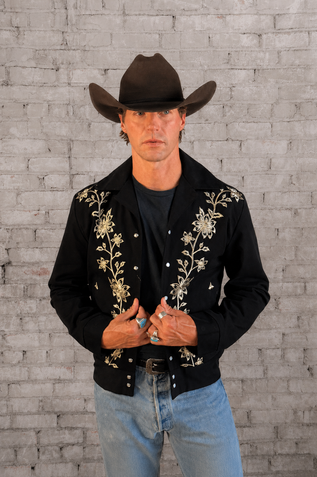 Men's Vintage Western Bolero Jacket with Ivory Floral Embroidery by Rockmount Ranch Wear, genuine chenille