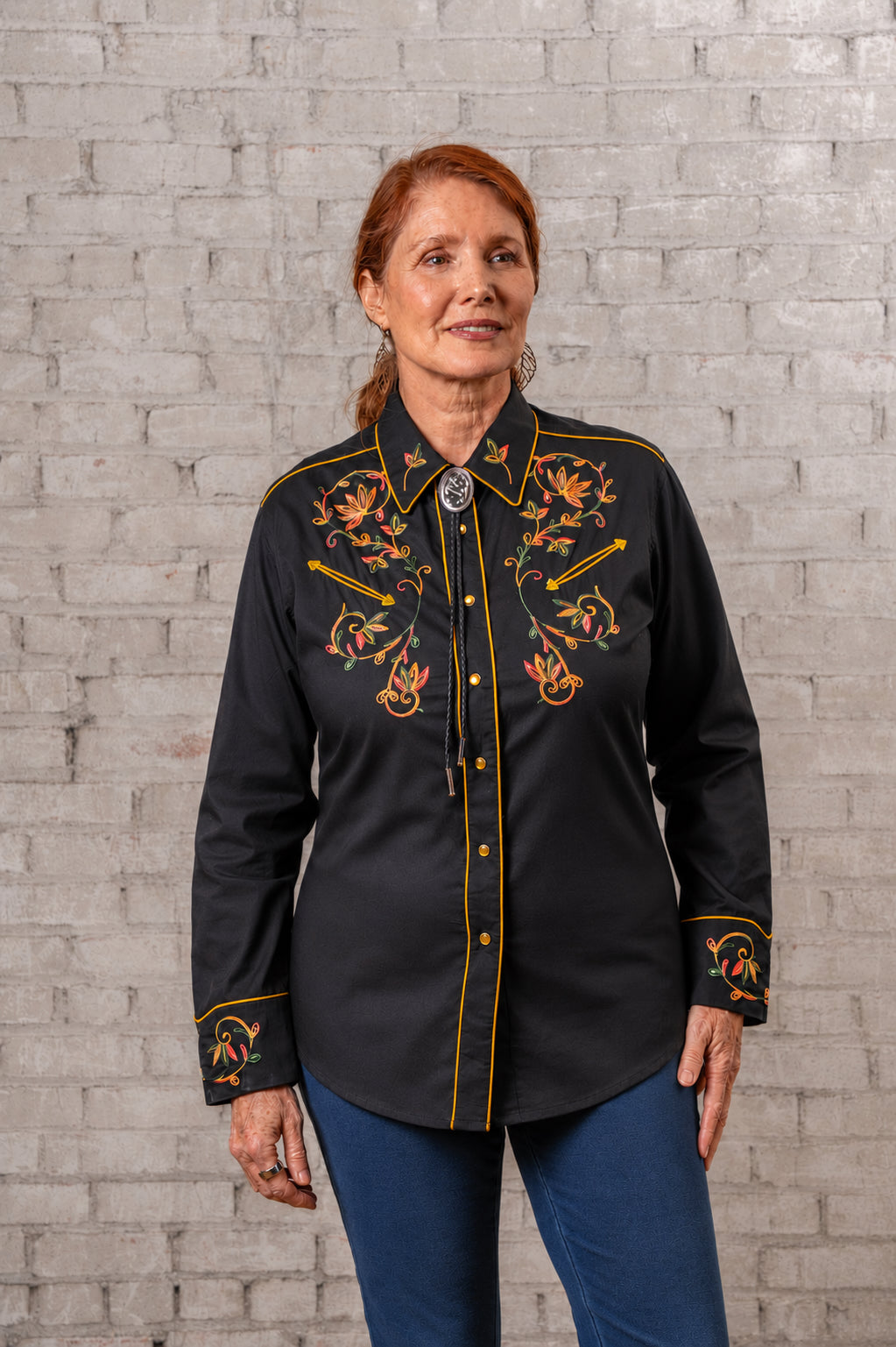 Women's Vintage Black Variegated Floral Embroidered Western Shirt by Rockmount Ranch Wear with fringe