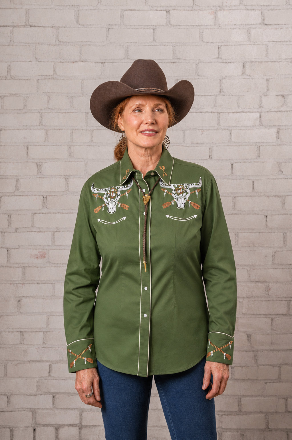 Women's Vintage Green Steer Skull Arrow Chain Stitch Embroidered Western Shirt by Rockmount Ranch Wear, floral embroidered