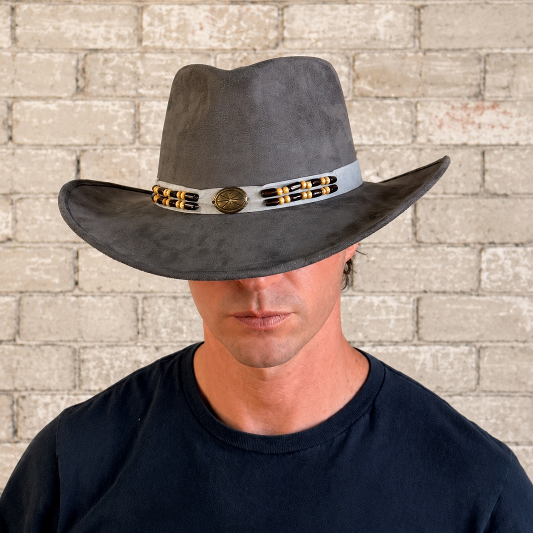 Suede Canyon Western Hat in Gray by Rockmount Ranch Wear with conchos and classic pinch crease crown